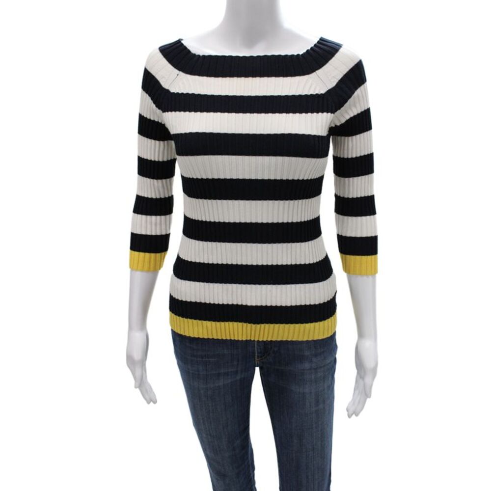 Bailey 44 Women Black Striped Pullover Sweater Square Neck 3/4 Sleeve Size L